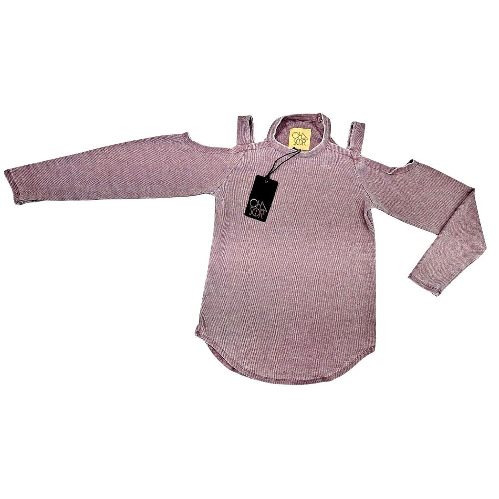 Chaser Cold Shoulder Long Sleeve Ribbed Knit Soft Top Purple Women Size Medium
